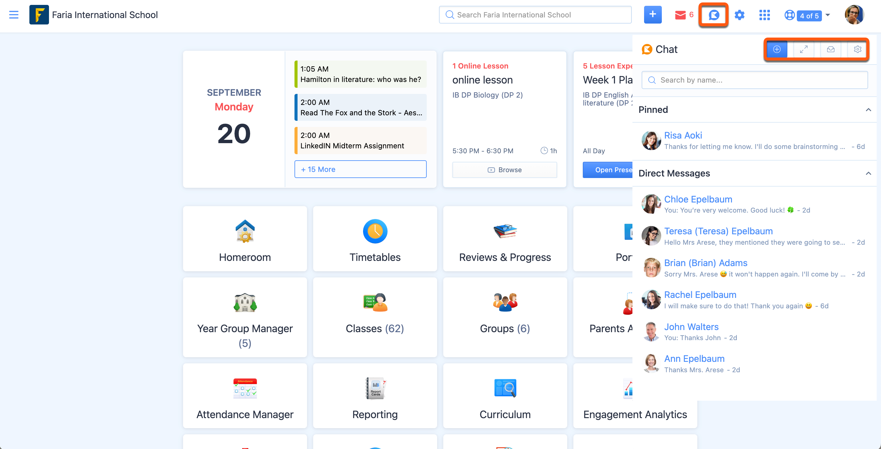 截图：学校现在可以在 ManageBac+ 中为其学校启用一对一直接消息功能。