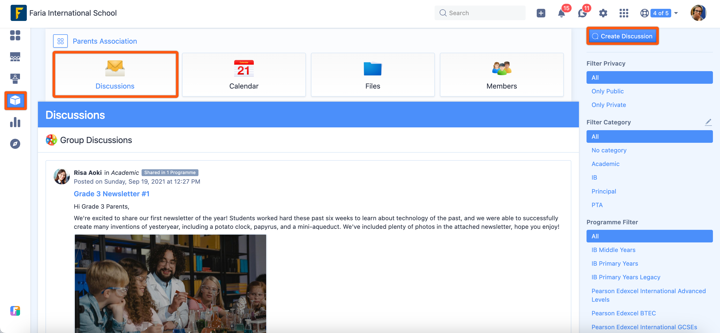 Captura de pantalla: Para comunicaciones que solo necesitan ser compartidas con los padres, como boletines informativos o anuncios para toda la escuela, usted