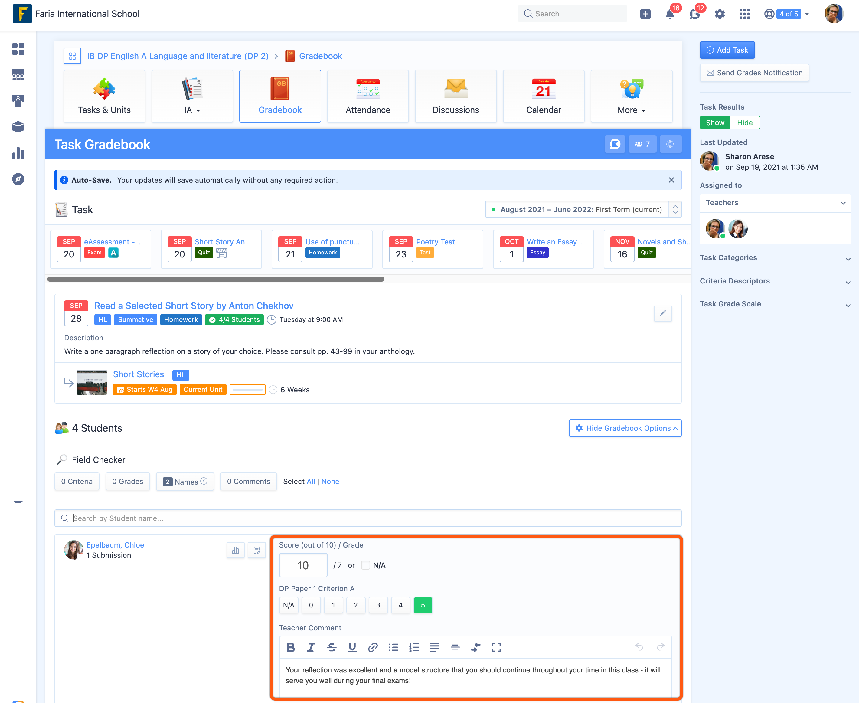 Captura de pantalla: Para ello, vaya a Clase > Libro de calificaciones > Tareas > haga clic en el nombre de la tarea que desea calificar.