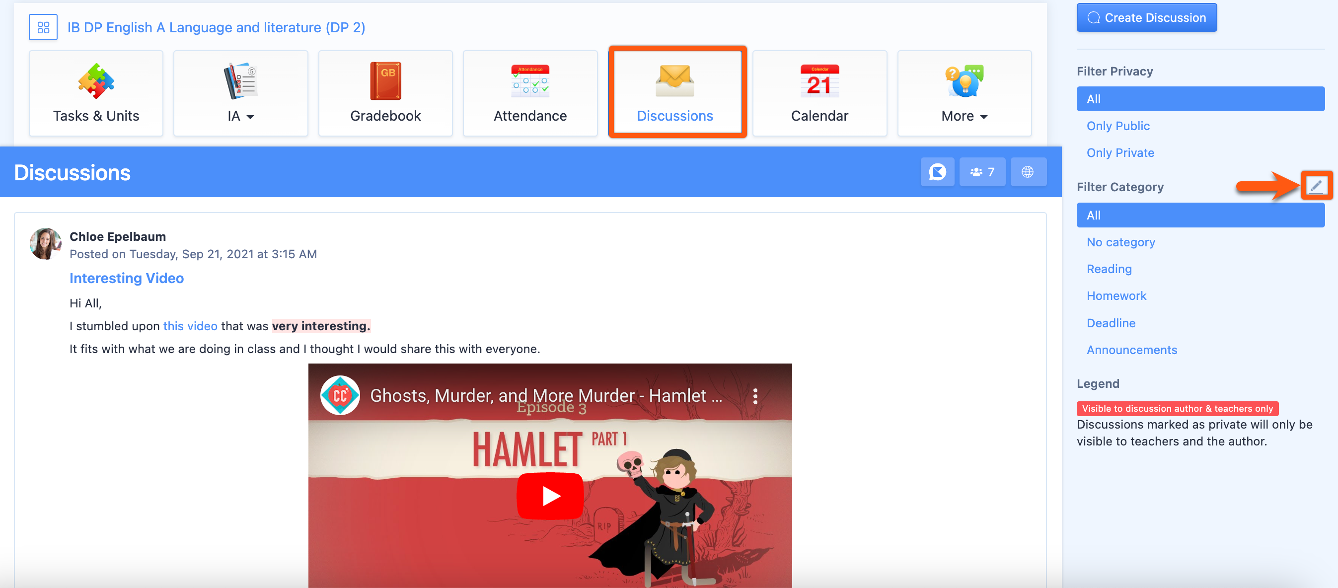 Captura de pantalla: Una vez que hayas terminado, haz clic en Crear debate para publicar el debate en la clase y notificar a los miembros.