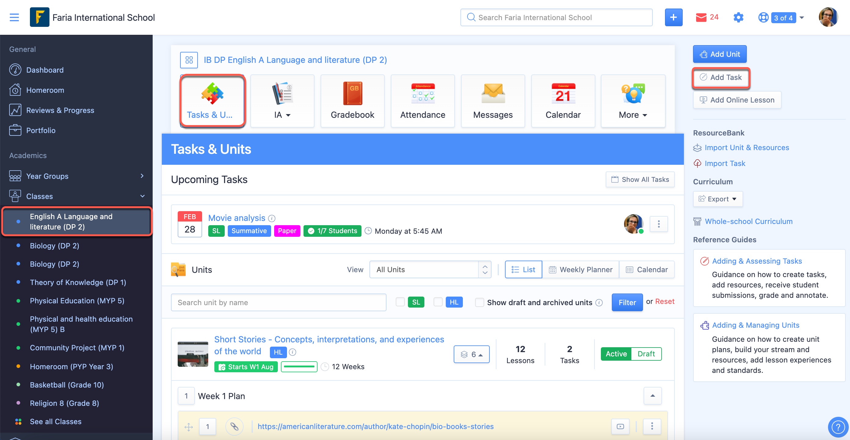 Captura de pantalla: Las escuelas pueden agregar y asignar tareas a través de ManageBac+.