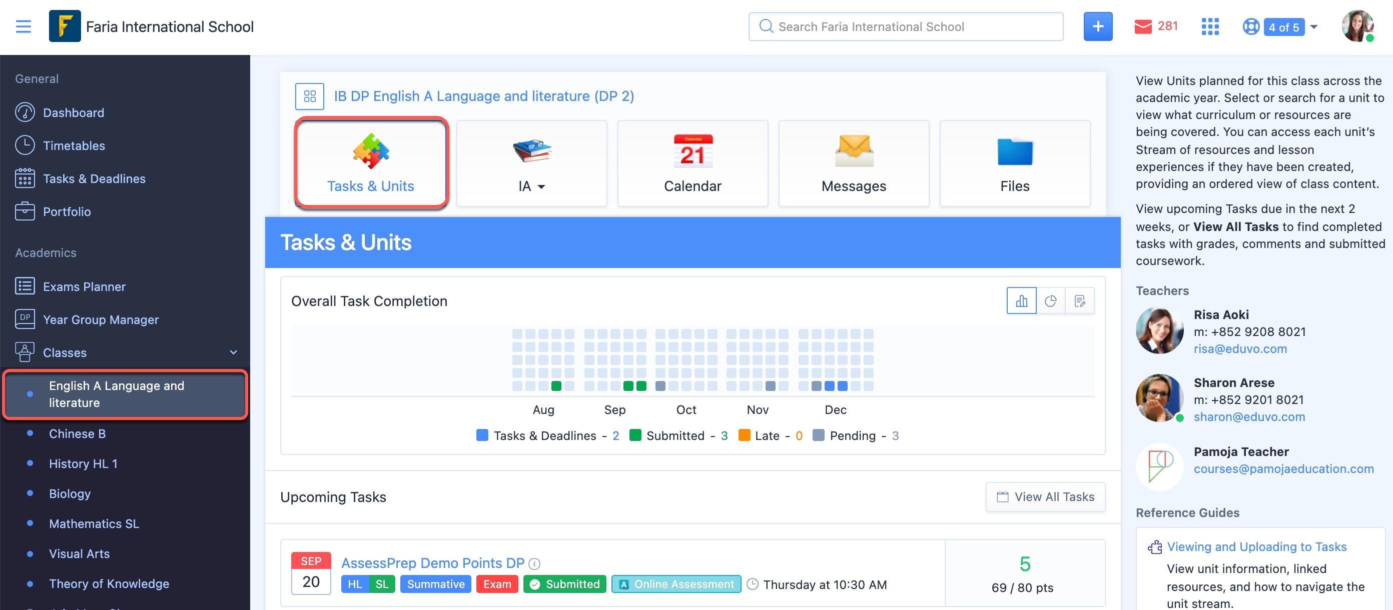 Captura de pantalla: Una vez creada la tarea, los estudiantes pueden subir sus trabajos a través de sus propias cuentas de ManageBac+.