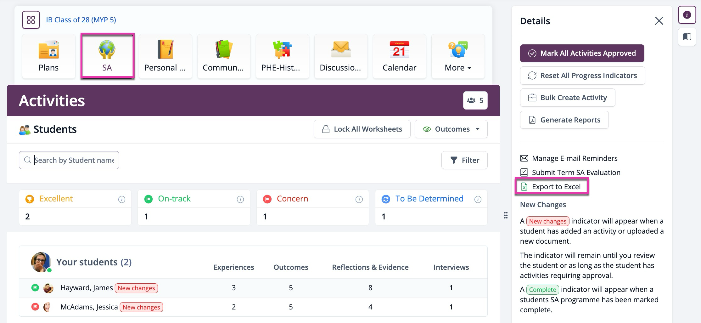 زر "تصدير إلى Excel" في علامة التبويب "SA" الخاصة بمجموعة السنة الدراسية