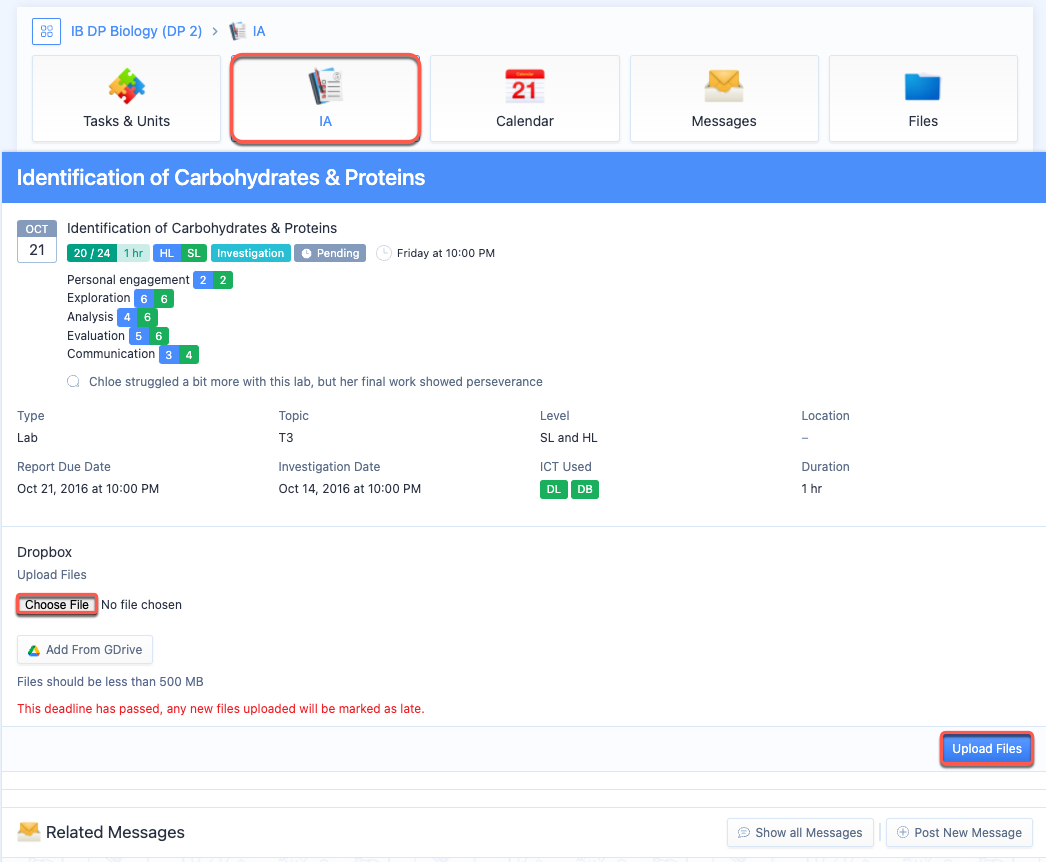 لقطة شاشة: للوصول إلى Dropbox الخاص بالتحقيق، يرجى تحديد التقييم الداخلي > الأنشطة العملية، ثم تحديد