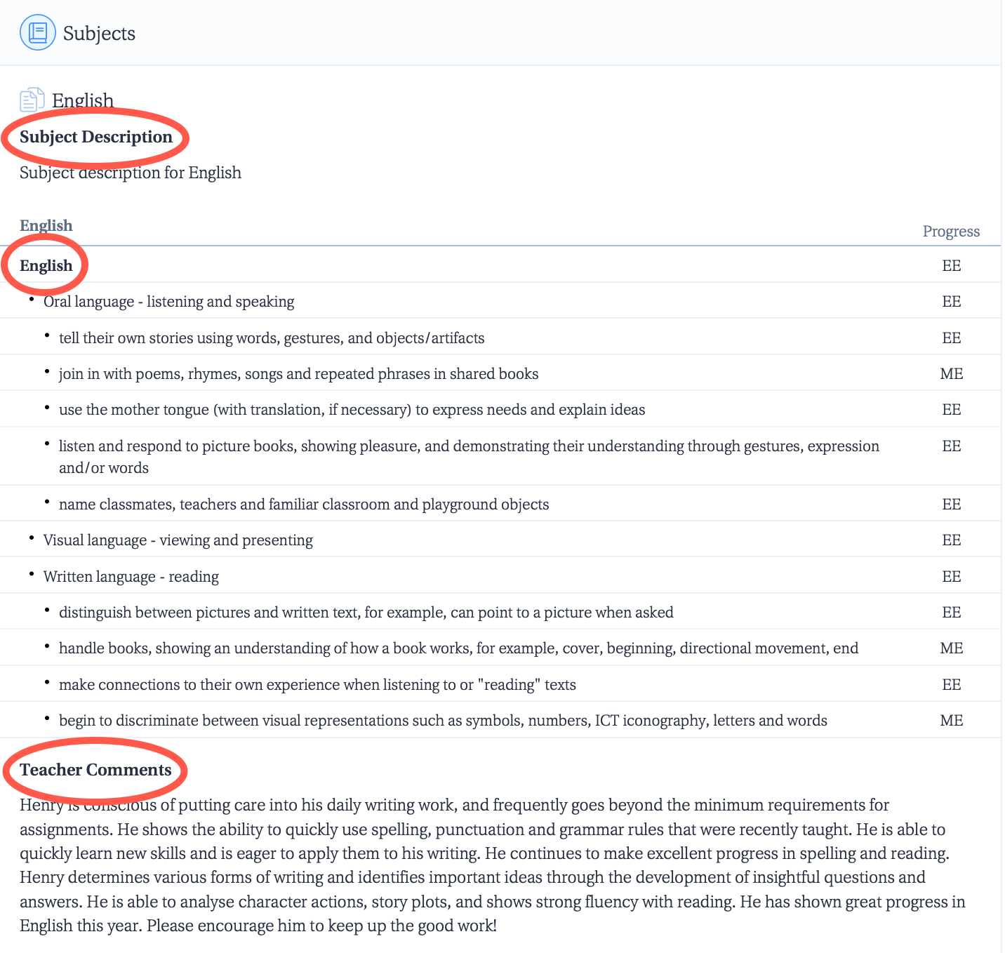 Captura de pantalla: El formato actualizado mostrará las descripciones de las asignaturas antes de las evaluaciones de las asignaturas, que a su vez estarán antes de los comentarios sobre las asignaturas.