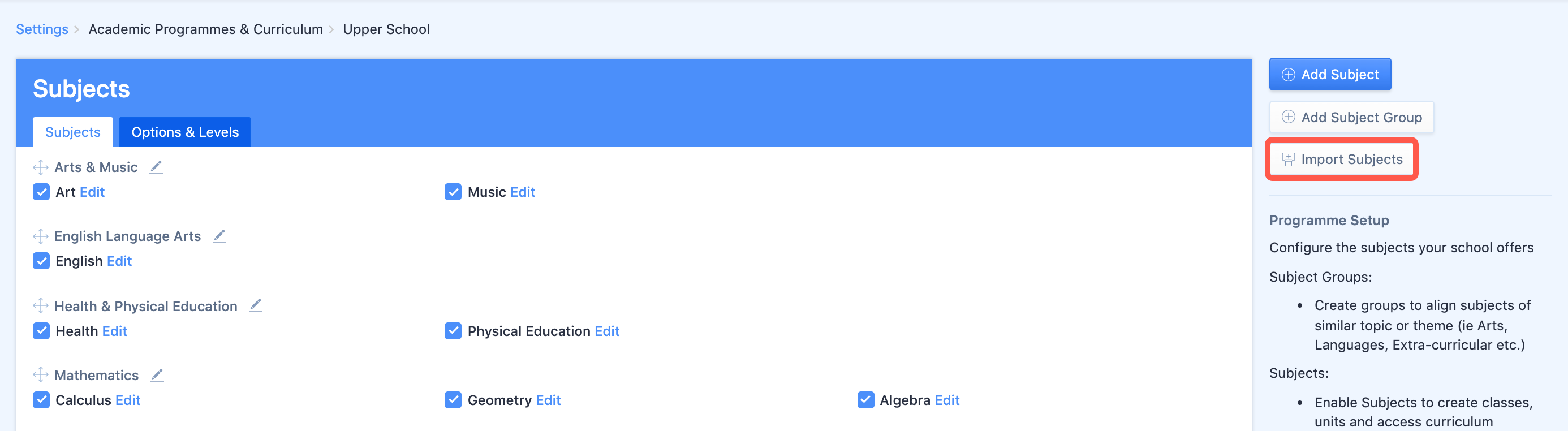 Captura de pantalla: Importar asignaturas de forma masiva mediante CSV para programas que no son del Bachillerato Internacional: 1 de abril de 2021
