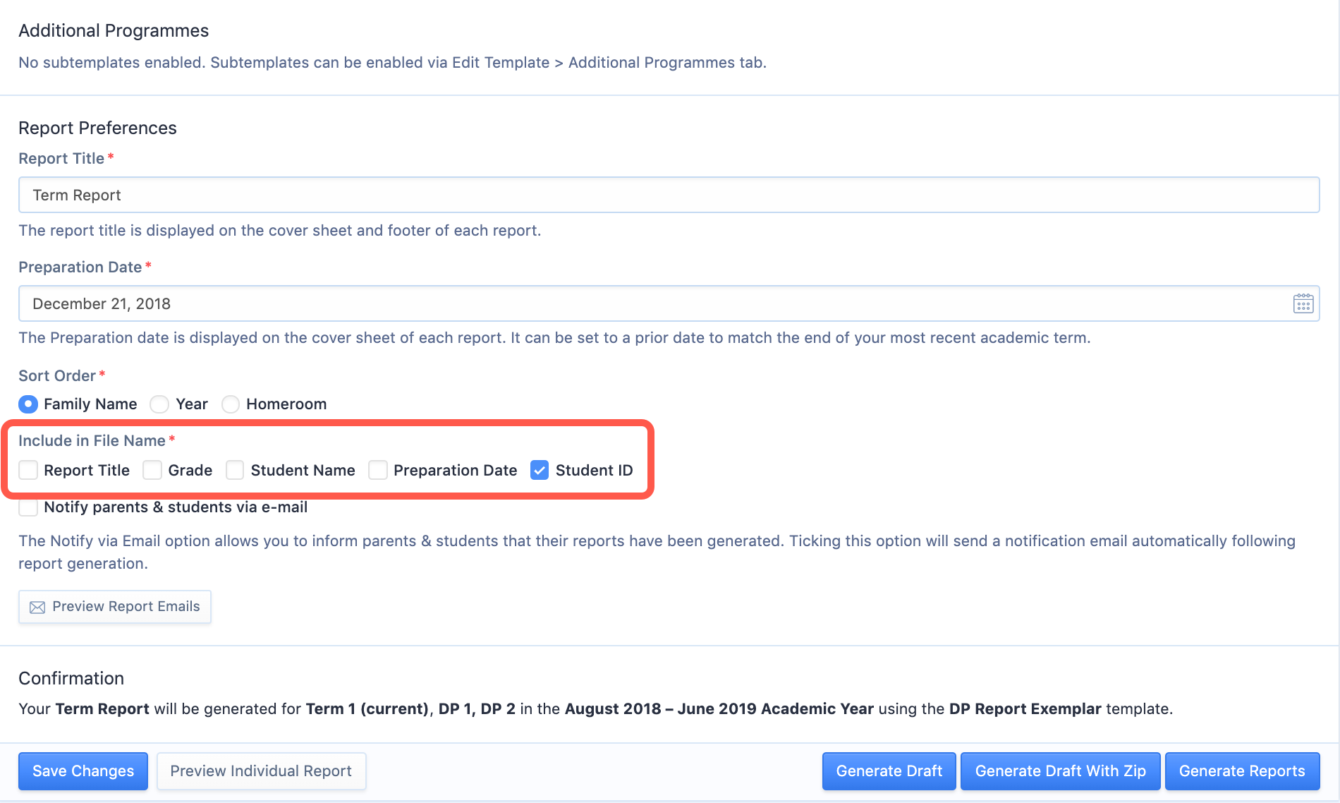 Captura de pantalla: Personalización de nombres de archivo al descargar informes A través de Informes > Generar informes, ahora puede seleccionar lo que desea