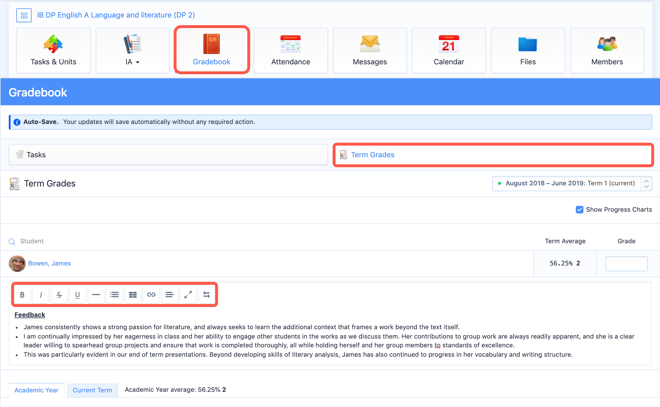 Captura de pantalla: Los profesores ahora pueden usar nuestro editor de texto enriquecido Lite para dar formato al libro de calificaciones trimestral y a los comentarios del tutor de clase en ManageBac+.