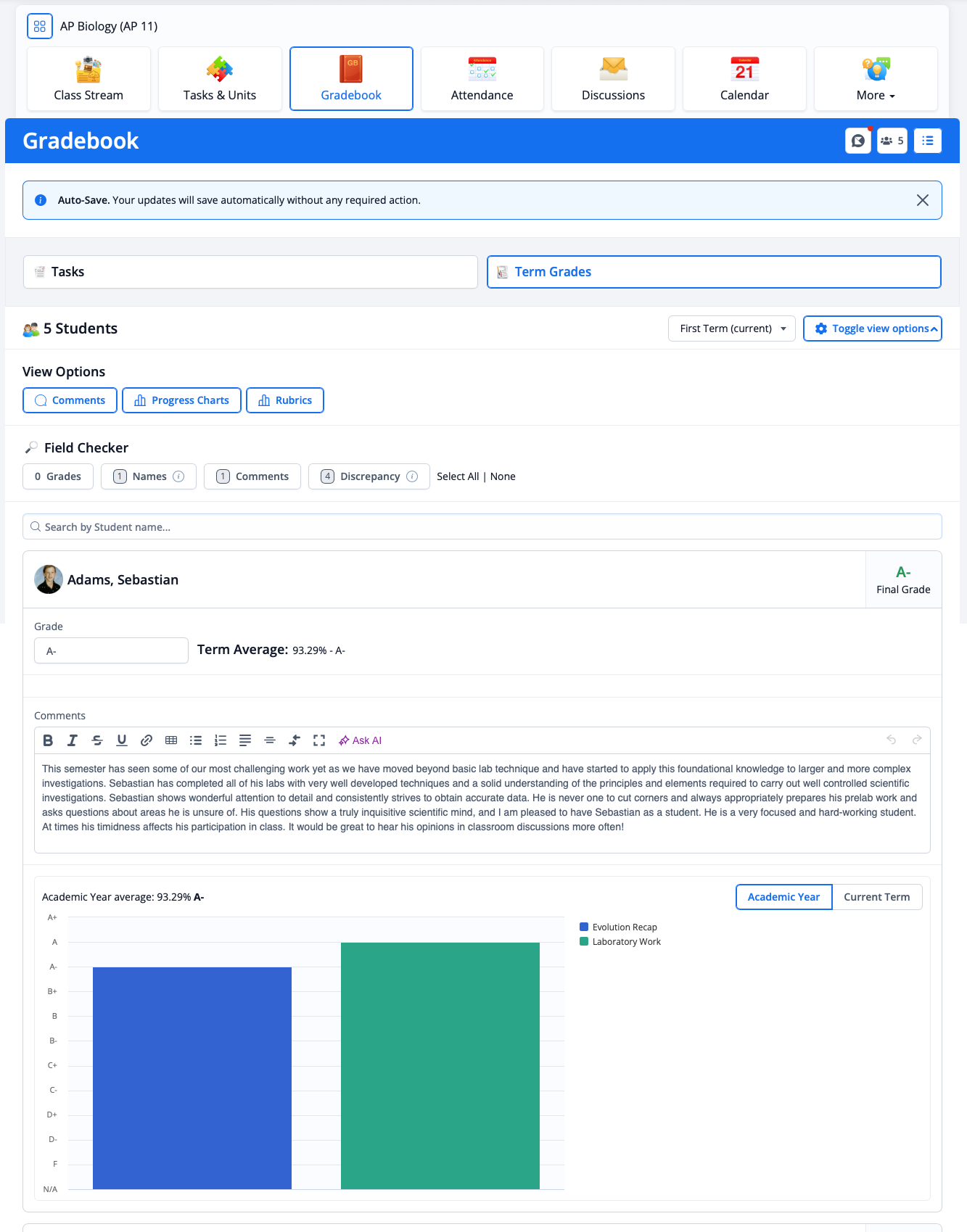 Captura de pantalla: Enviar evaluaciones individuales de tareas y trimestres según criterios de evaluación personalizados, puntos o comentarios.