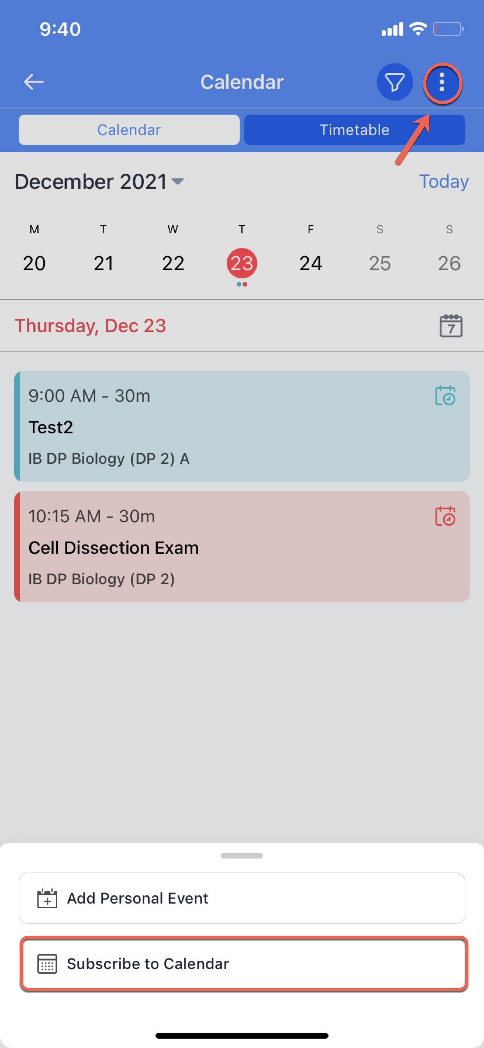 屏幕截图：登录 ManageBac+ 移动应用后，点击您的日历