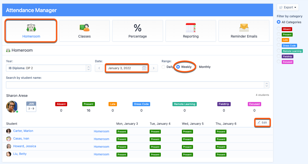 لقطة شاشة: استخدم صفحتي النسبة المئوية والتقارير لتصدير بيانات الحضور لأكثر من أسبوع إلى جداول بيانات Excel