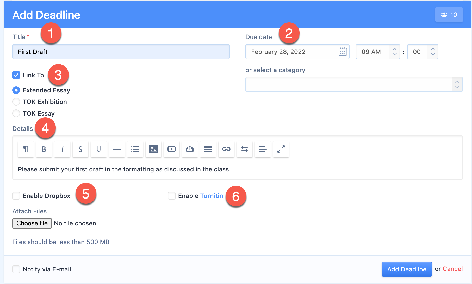 Captura de pantalla: Habilitar Turnitin: al habilitar esta opción, se generará un índice de similitud de Turnitin para los documentos cargados.