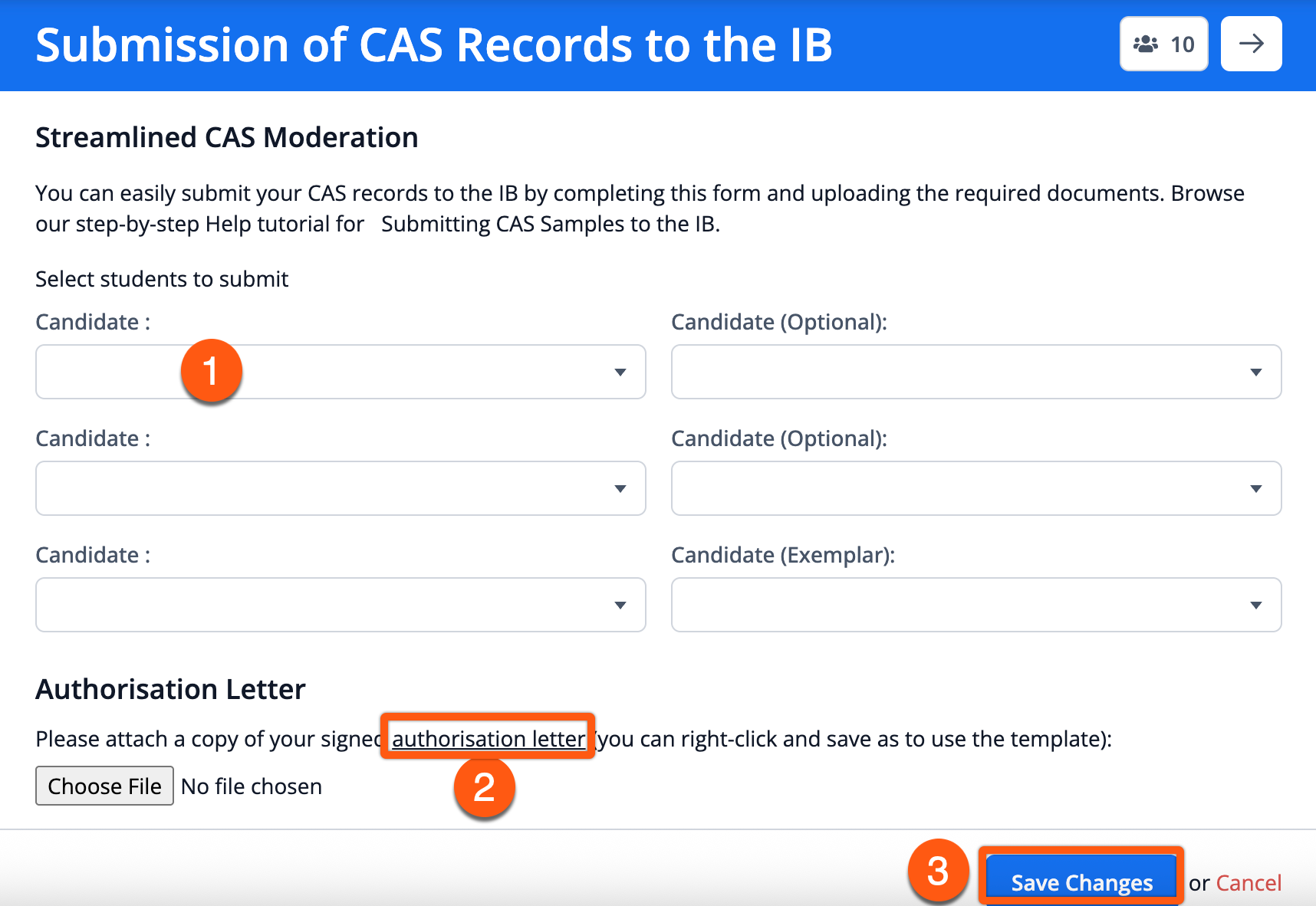 屏幕截图：点击“保存更改”以允许IB通过ManageBac+访问这些学生的CAS文件。