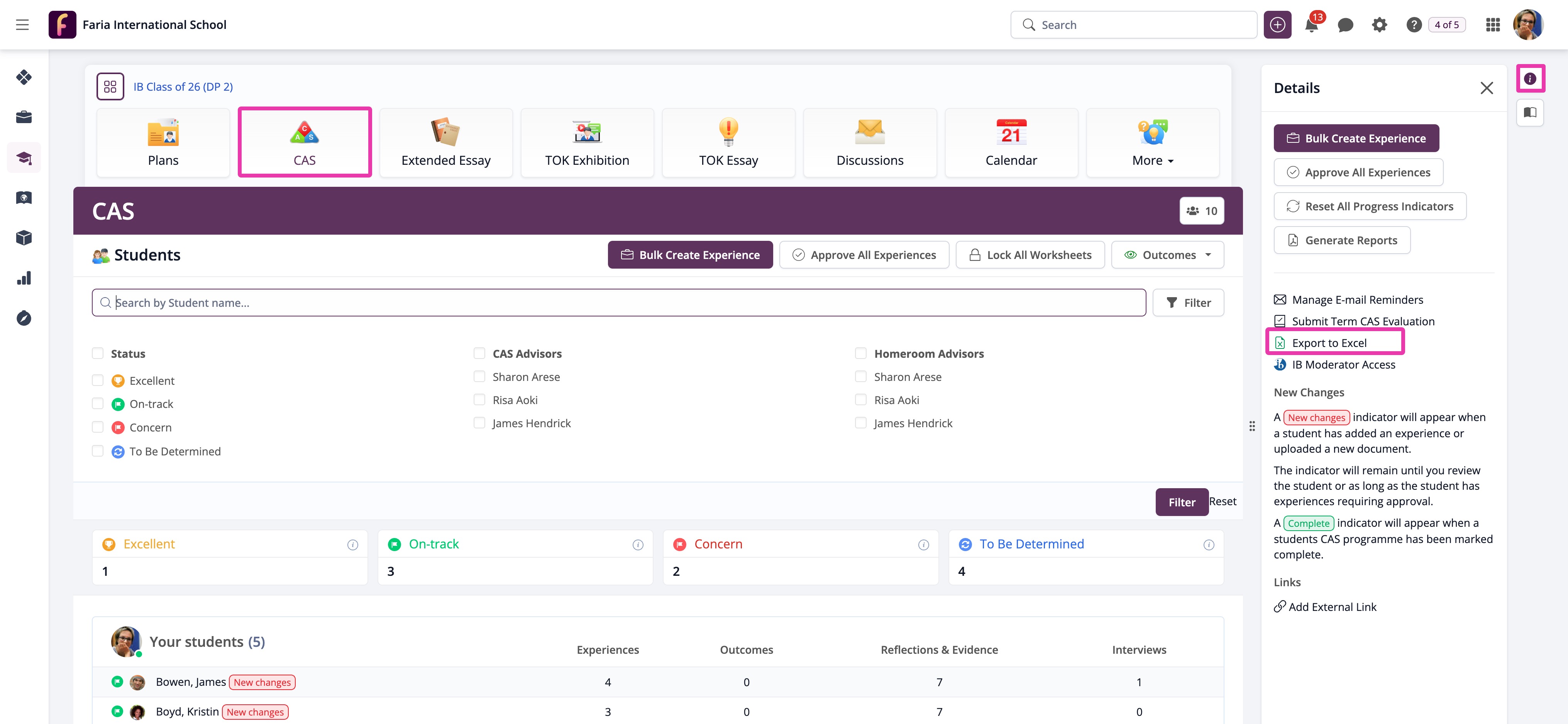 Captura de pantalla: Grupo de año > CAS > Exportar a Excel