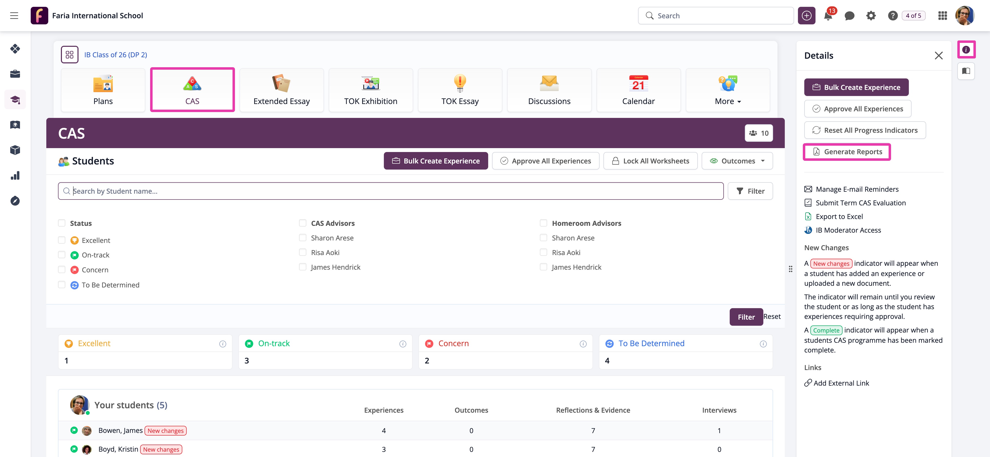Captura de pantalla: Lista de personal de CAS > Generar informes