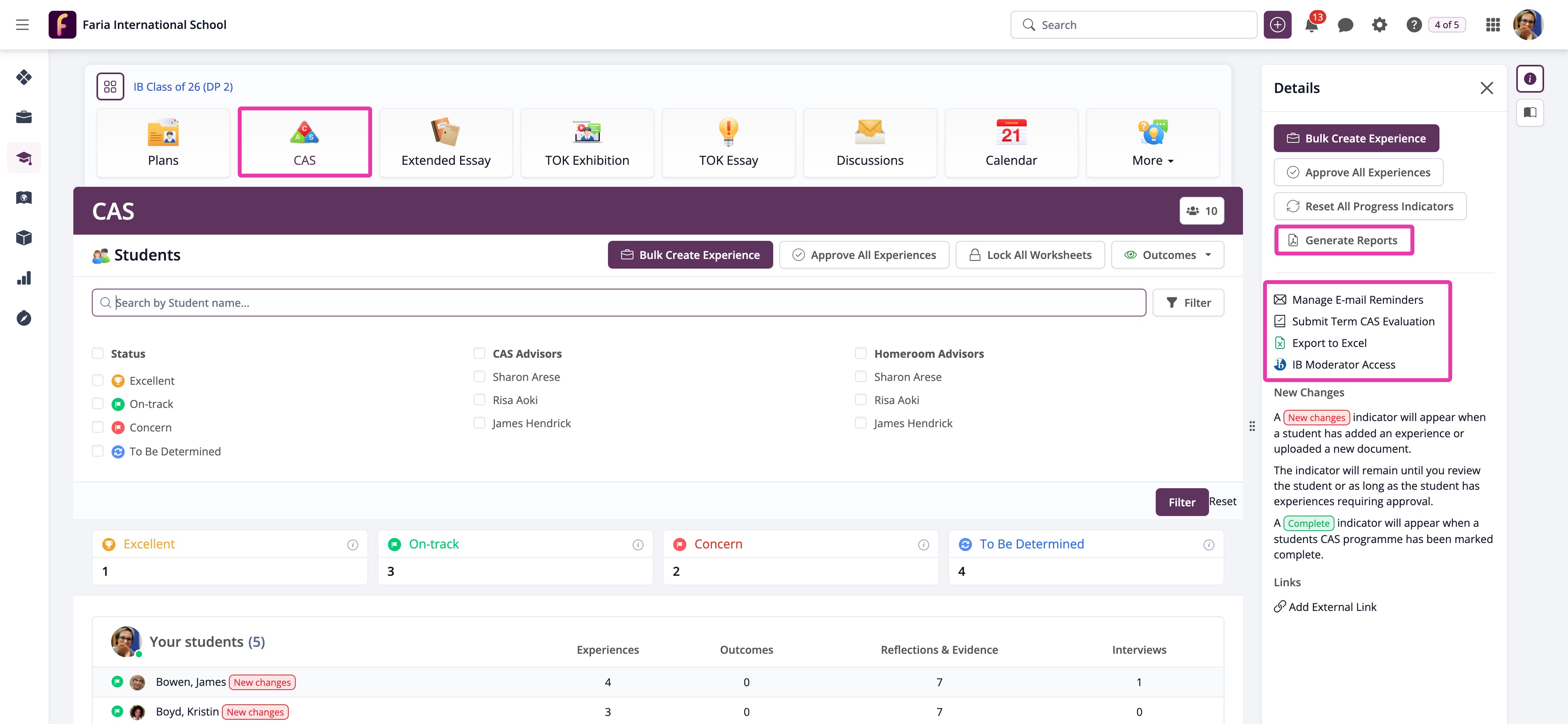 Captura de pantalla: Seguimiento del progreso de CAS y generación de informes de CAS: Grupo de año > CAS