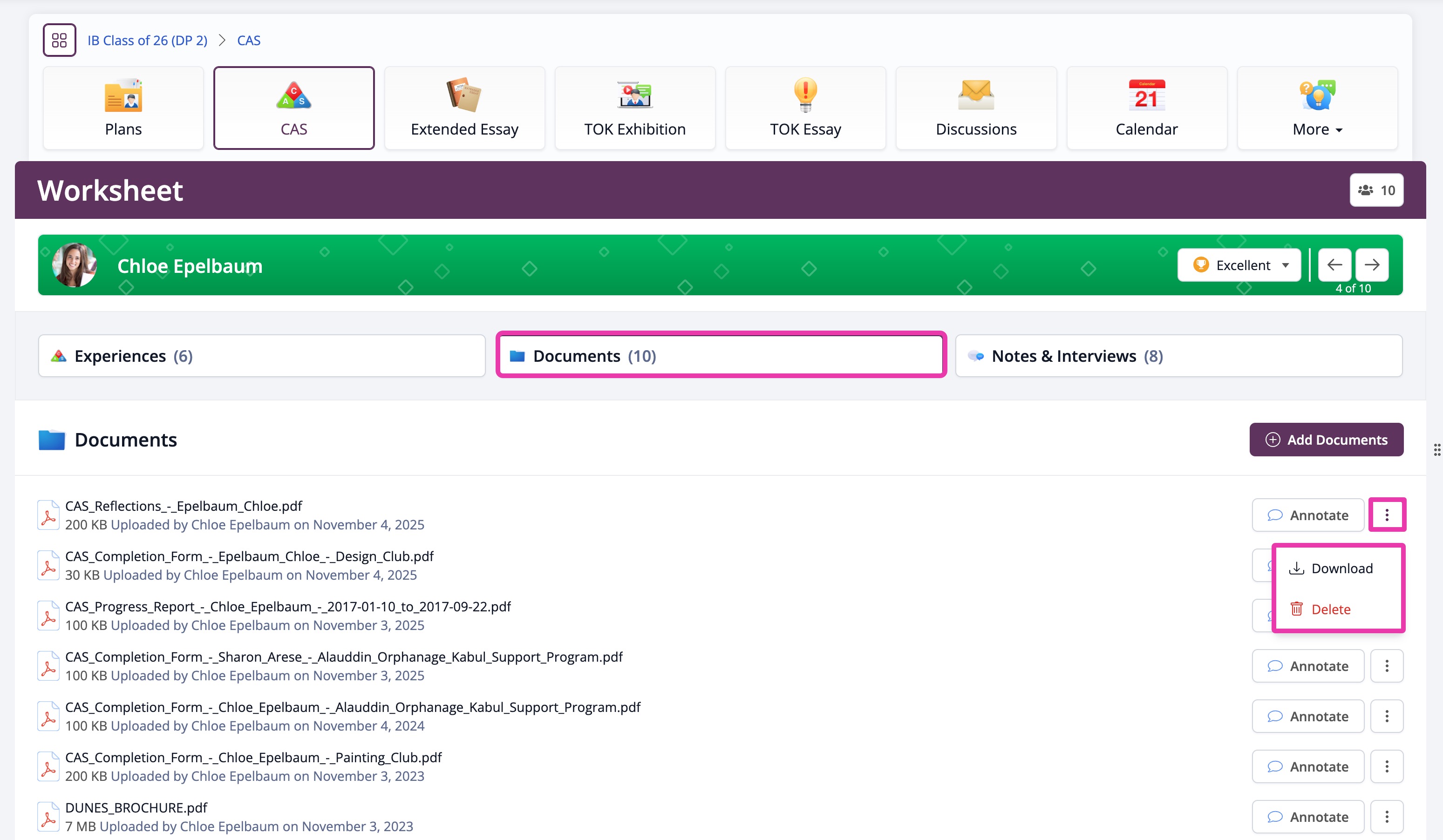 Captura de pantalla: Hoja de trabajo CAS del estudiante > Documentos