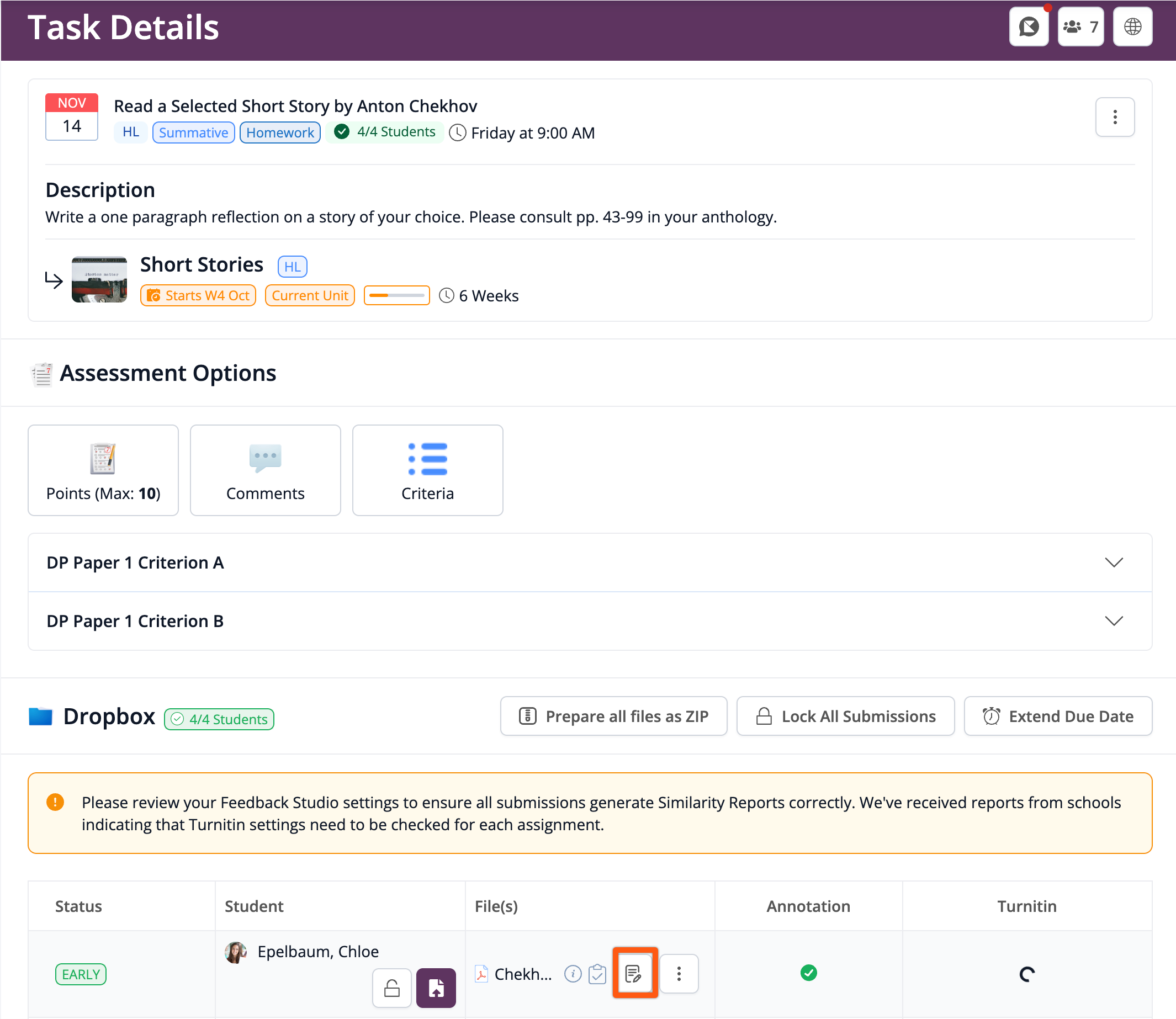 截图：学生在ManageBac+上上传作业后，教师即可查看他们的文件并直接进行批注。