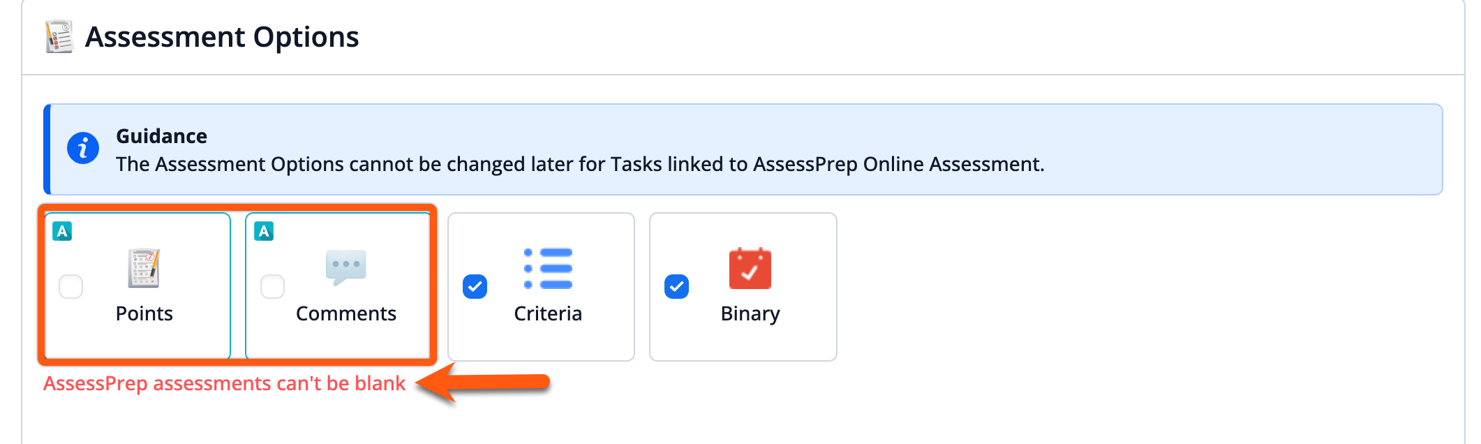 لقطة شاشة: النقاط + التعليقات - تشير إلى معايير النقاط على موقع AssessPrep.Comments. وضع التقييم فقط غير مدعوم حاليًا.