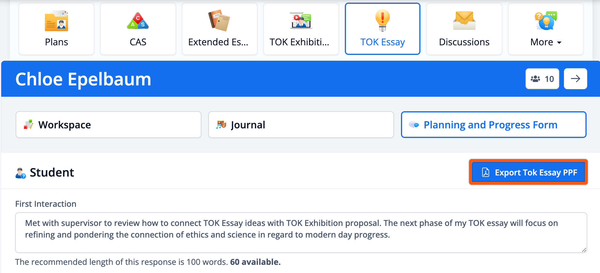 Captura de pantalla: Para acceder a la pestaña Planificación y progreso, navegue hasta Grupo de año > Ensayos de TOK > seleccione Estudiante > haga clic en