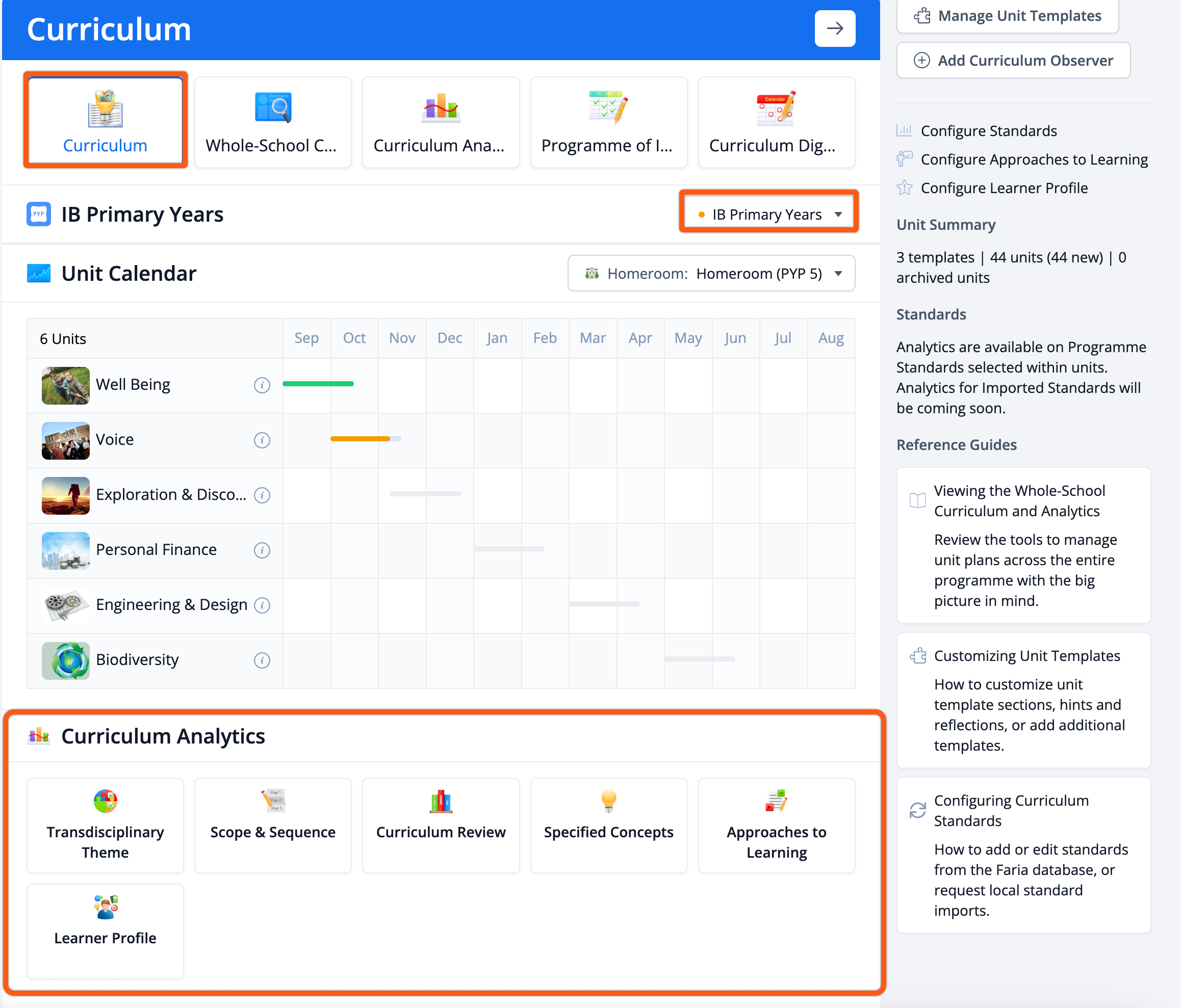 Captura de pantalla: Luego, al pasar el cursor sobre el icono 'i' junto al título de cada unidad, se expandirá la información relevante de la unidad y se permitirá el acceso directo.