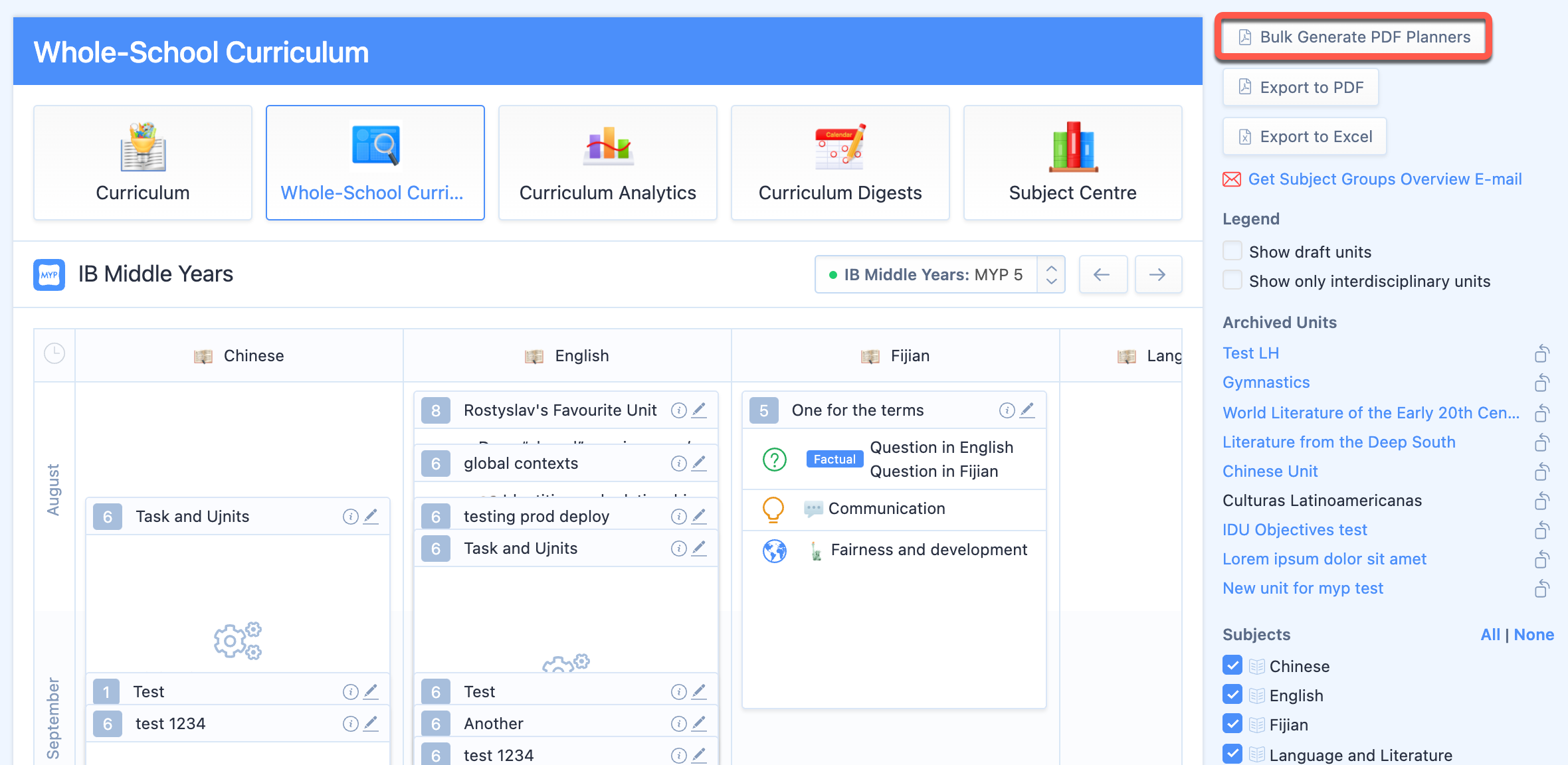 لقطة شاشة: يمكن تصدير جميع مخططات وحدات برنامج السنوات المتوسطة إلى ملف ZIP عبر خاصية إنشاء مخططات PDF مجمعة.