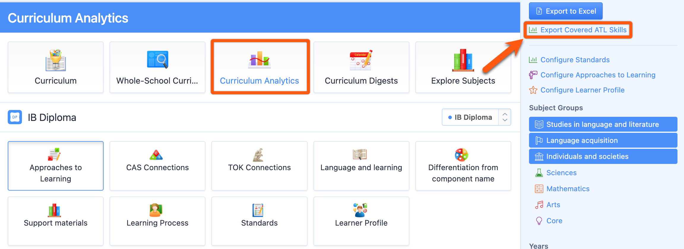 لقطة شاشة: يمكنك تصدير مهارات ATL المشمولة إلى Excel عبر "تصدير مهارات ATL المشمولة" على الجانب الأيمن