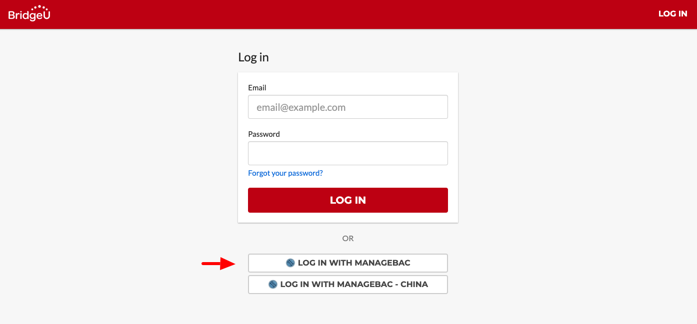 屏幕截图：管理 BridgeU 集成：登录 BridgeU