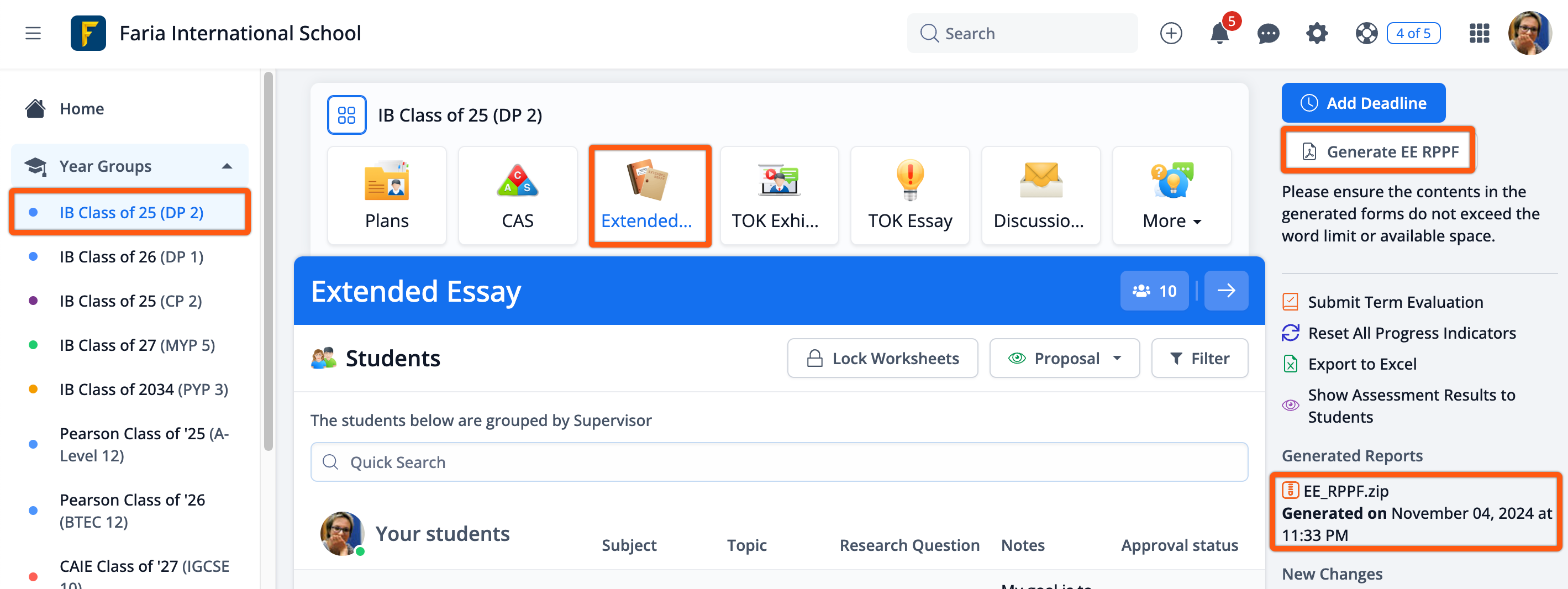 لقطة شاشة: يدعم ManageBac+ تصدير ملفات PDF مباشرةً لعدد من نماذج IB