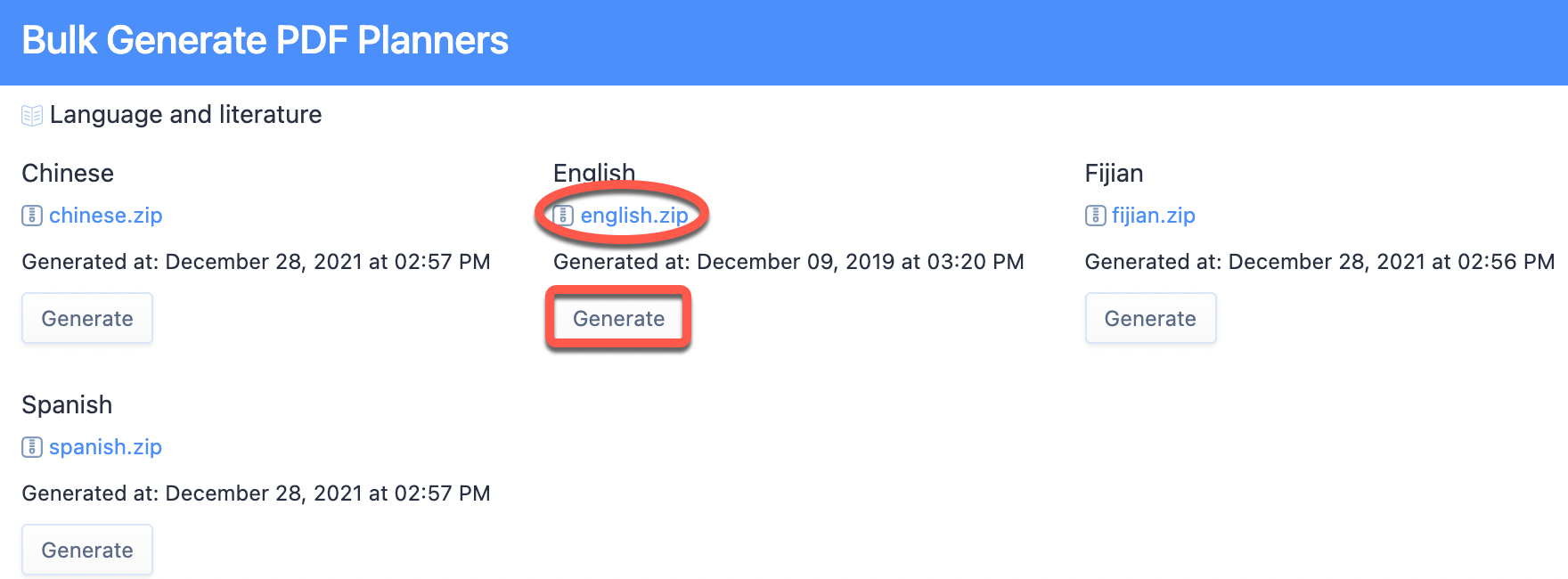 لقطة شاشة: يمكن تصدير جميع مخططات وحدات برنامج السنوات المتوسطة إلى ملف ZIP عبر خاصية إنشاء مخططات PDF مجمعة.