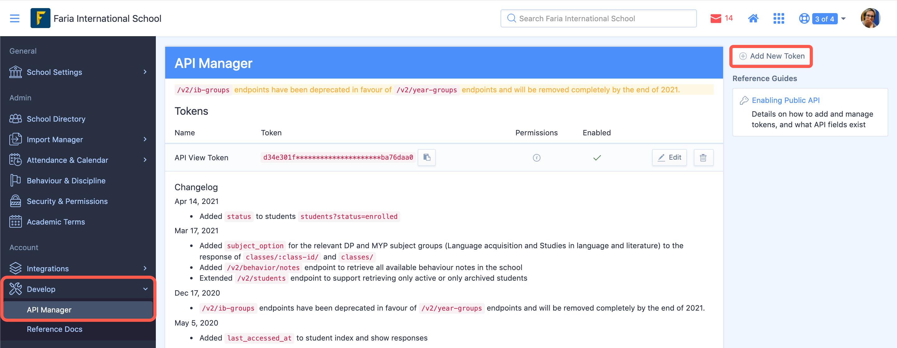 屏幕截图：以管理员身份登录，导航至“设置”>“开发”>“API 管理器”>选择“添加新令牌”。