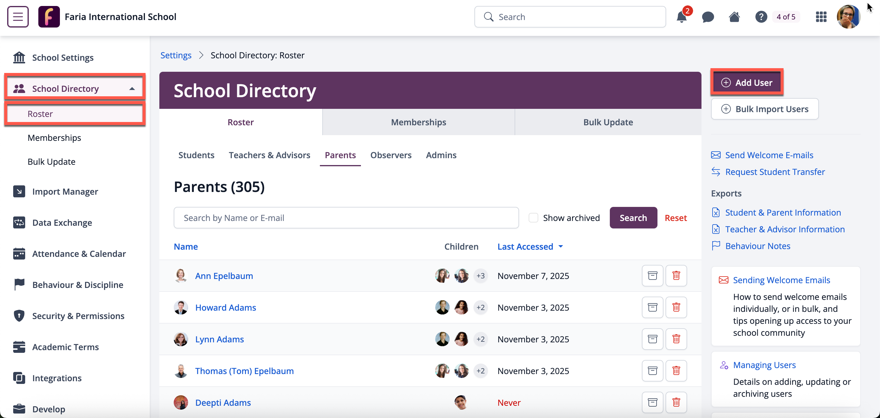 Captura de pantalla: Vaya a Configuración > Directorio escolar > Lista de usuarios y seleccione el botón Agregar usuario.