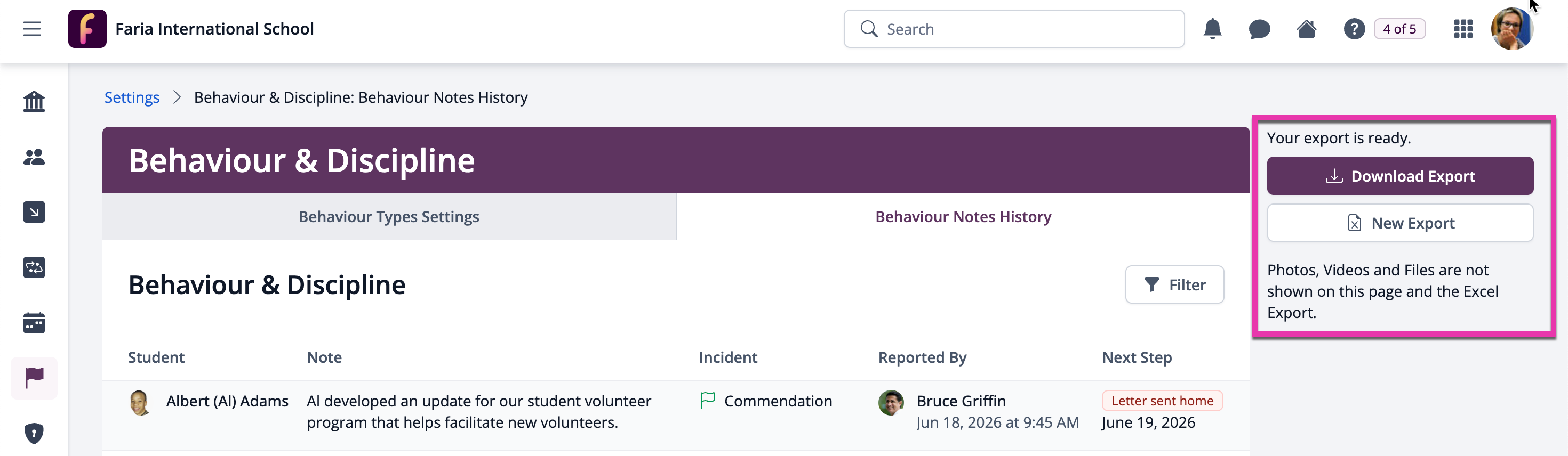 Captura de pantalla: Utilice el botón Filtro para filtrar las Notas de comportamiento, ya sea por rango de fechas, tutor de aula o programa y grado.