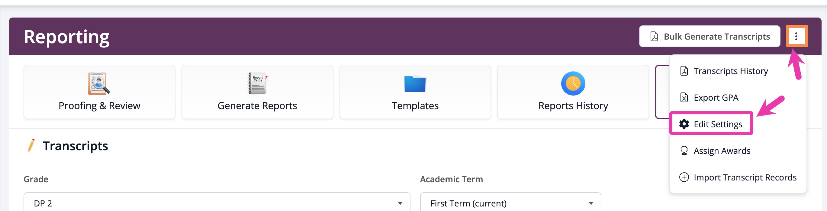 Transcripciones > Botón de 3 puntos > Editar configuración