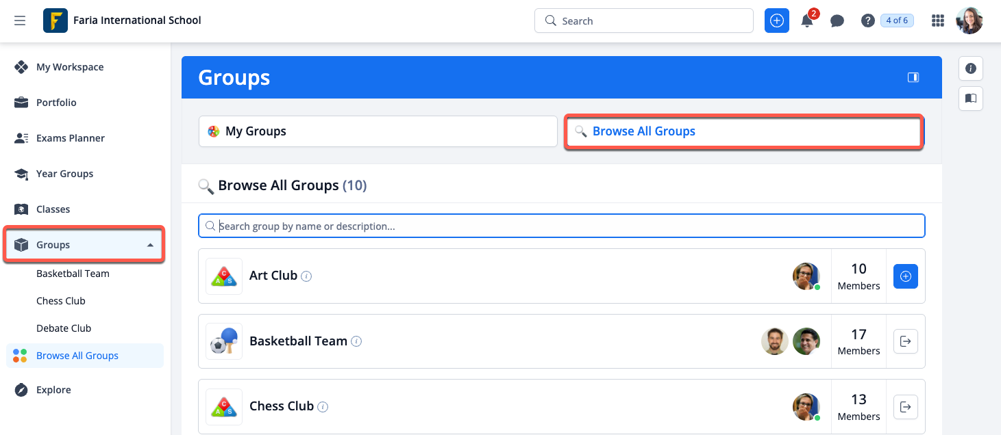 Captura de pantalla: Búsqueda y unión a grupos de SA