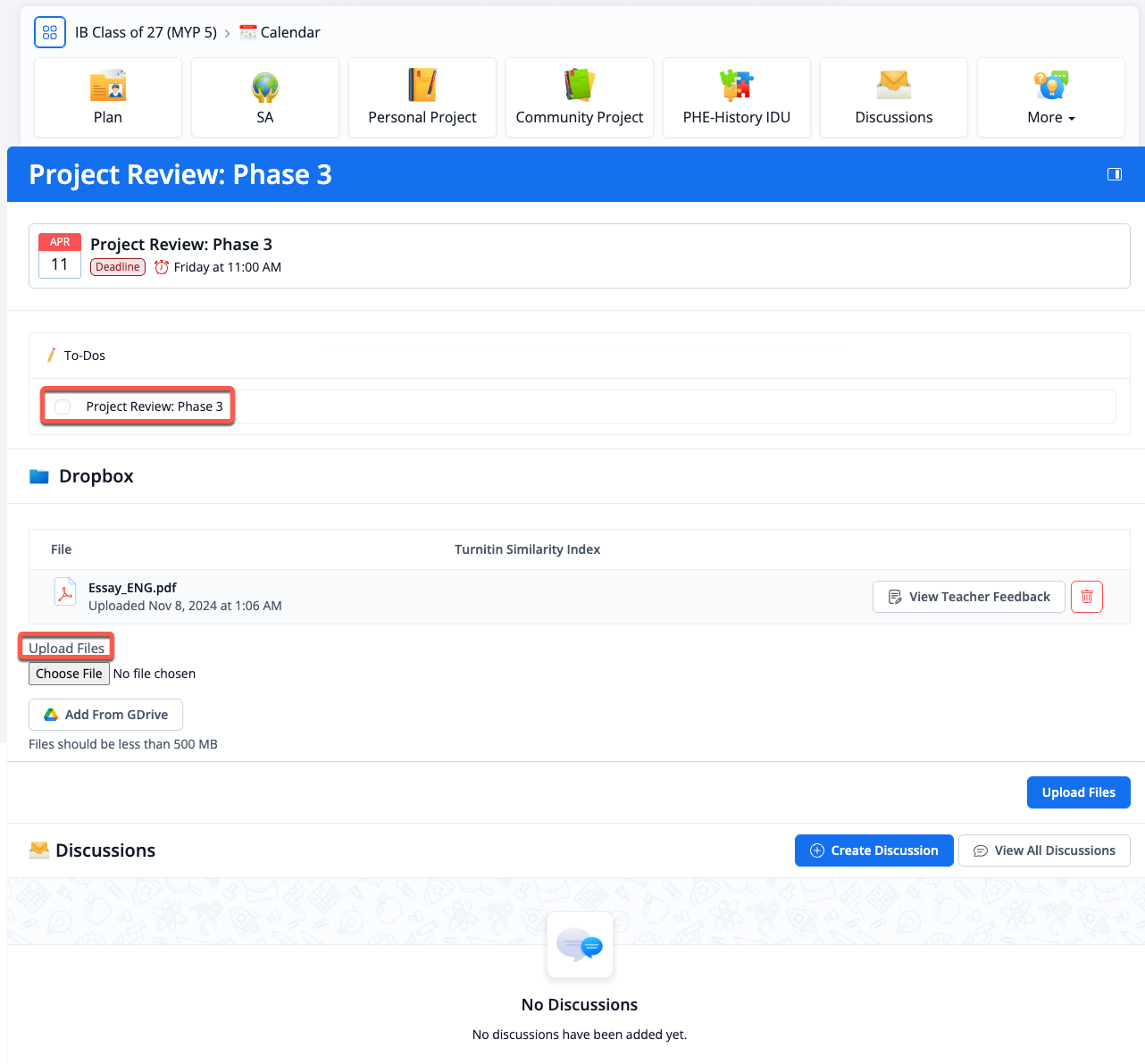 Captura de pantalla: Ver todas las discusiones de tu supervisor o compañeros de estudio sobre la fecha límite.