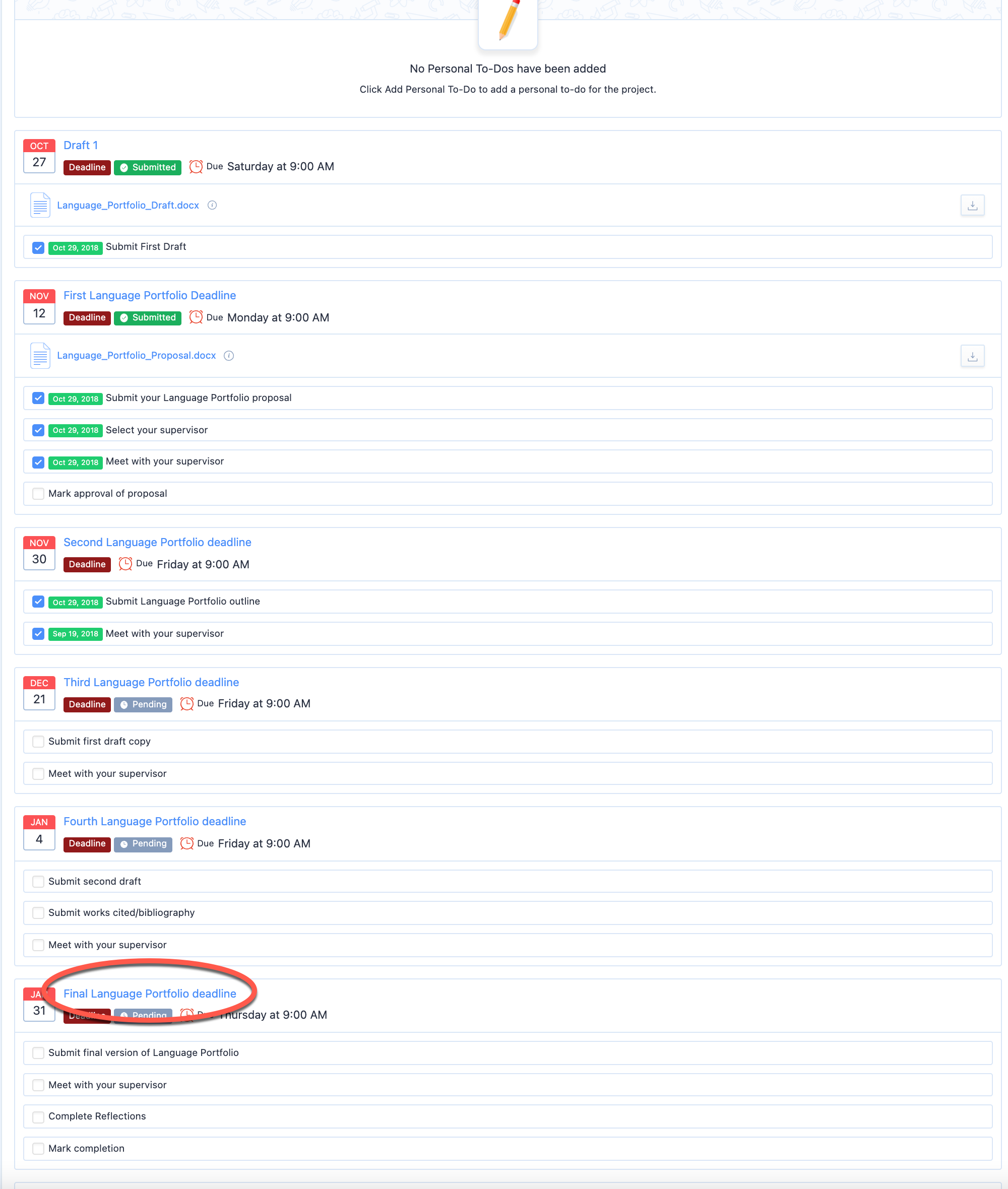 Captura de pantalla: Si tu escuela ha añadido esto como fecha límite para el portafolio de idiomas, lo encontrarás en tu lista de tareas pendientes.