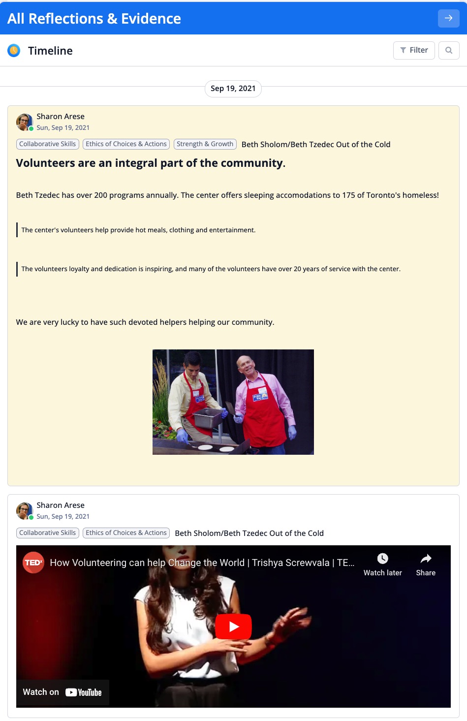 Captura de pantalla: Desde Grupos de año > SL, puedes hacer clic en Ver todas las reflexiones y evidencias en el lado derecho para ver una línea de tiempo.