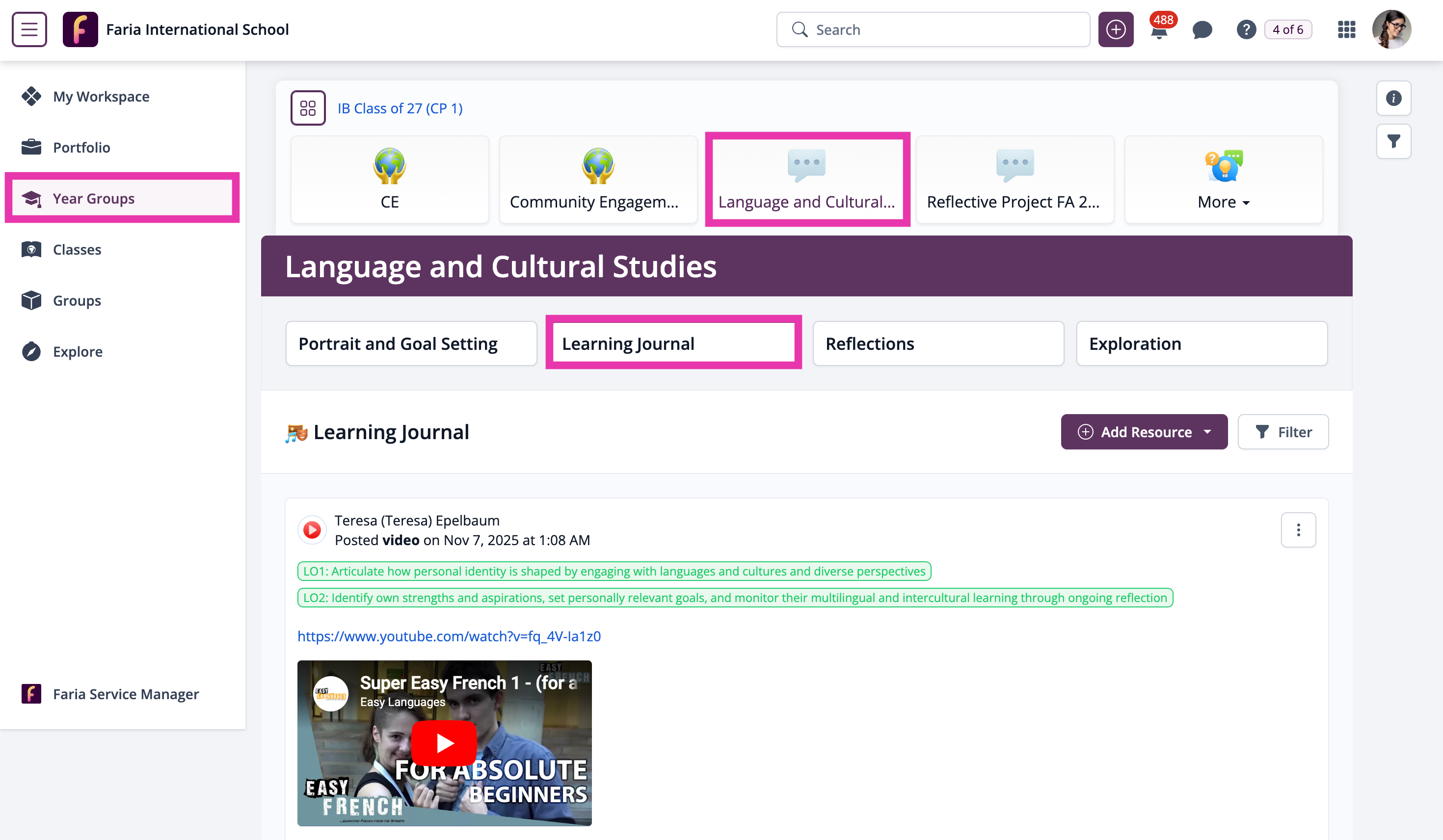 لقطة شاشة: انتقل إلى قالب مشروع دراسات اللغة والثقافة الخاص بك: تصفية الإدخالات