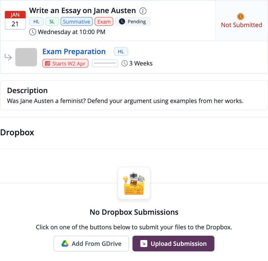 Página de la tarea del estudiante que muestra la sección de Dropbox con los botones Agregar desde GDrive y Cargar entrega y el estado No enviado