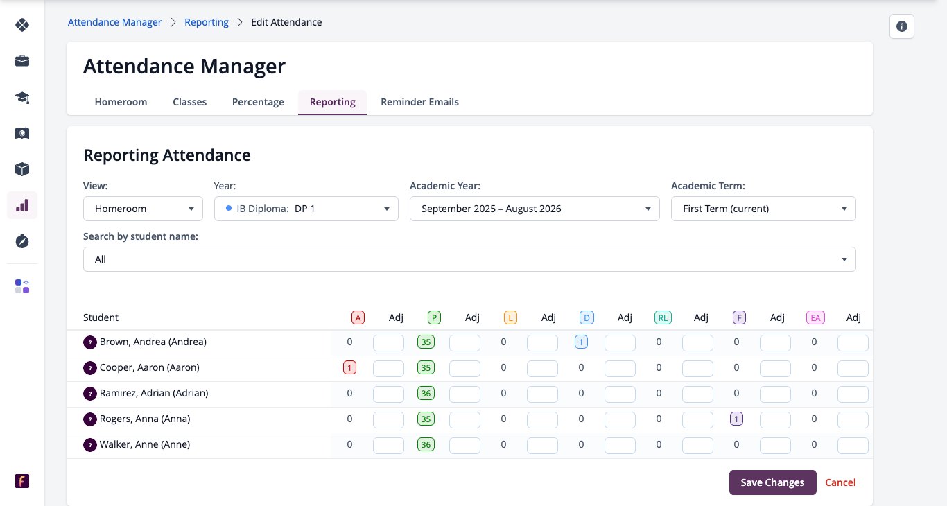 Screenshot: Editing attendance records in the Adj columns before report cards