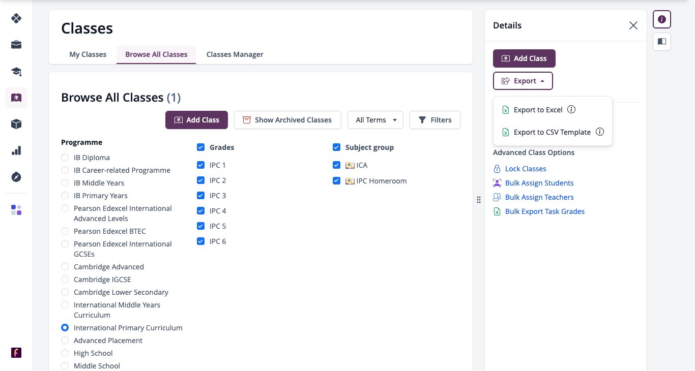 Captura de pantalla: Menú Exportar en el panel Detalles al explorar todas las clases con Exportar a Excel