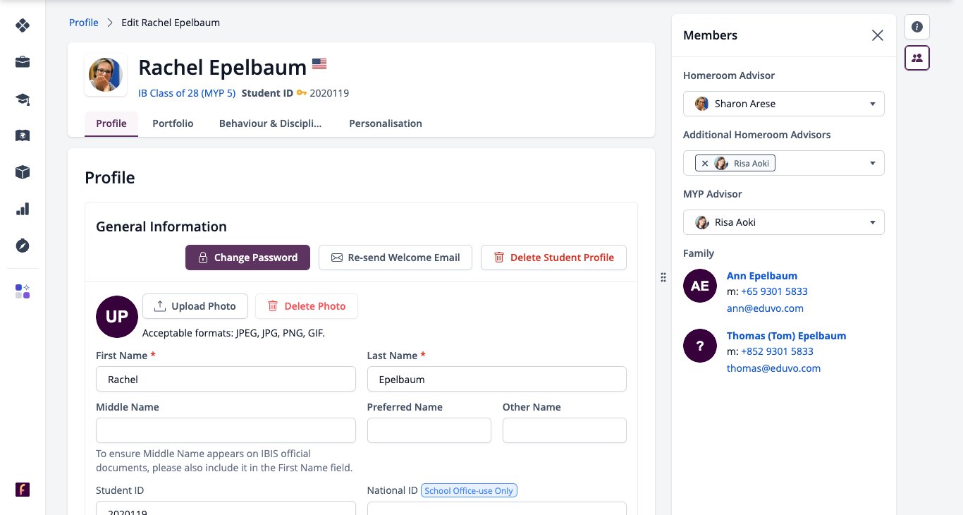 Screenshot: Members panel on a student's Edit Profile page with the Homeroom Advisor list