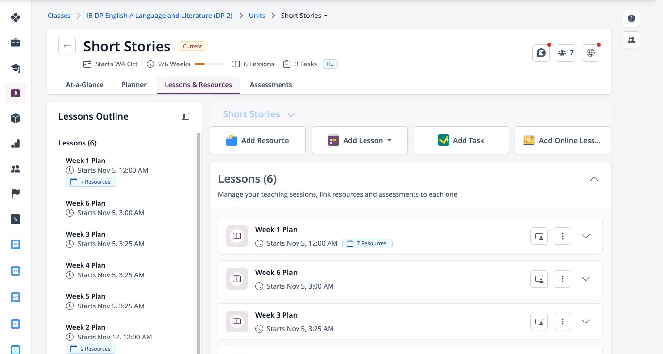 Screenshot: Lessons and Resources tab with the Lessons Outline