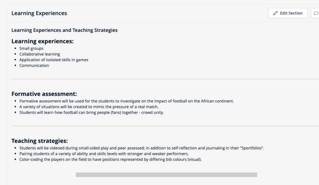 Screenshot: MYP Learning Experiences section