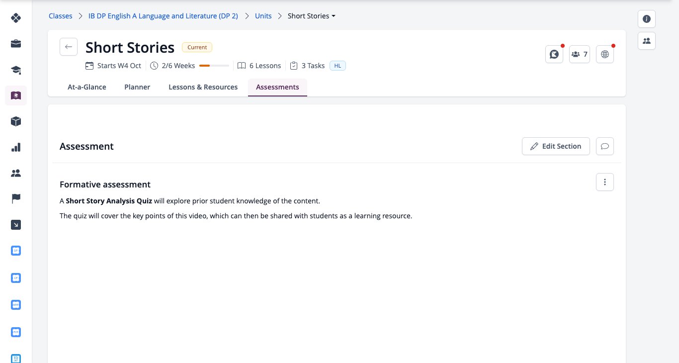 Screenshot: Assessments tab of a unit