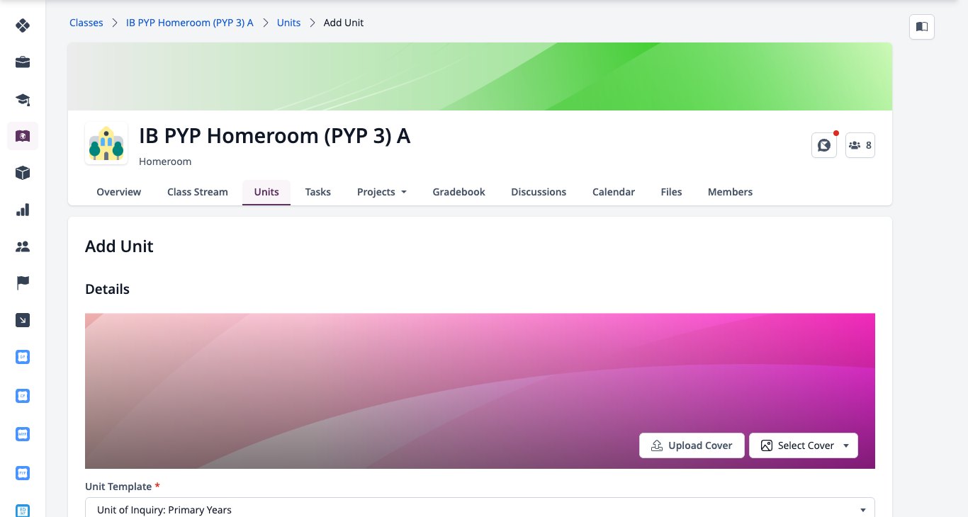 Captura de pantalla: Formulario para agregar una unidad a una clase de tutoría del programa PYP.
