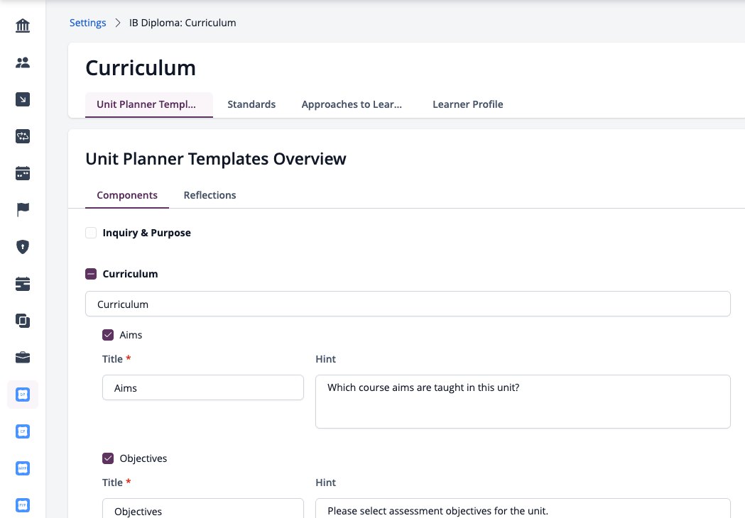 Captura de pantalla: Configuración de la plantilla del planificador de unidades con títulos de sección y sugerencias.