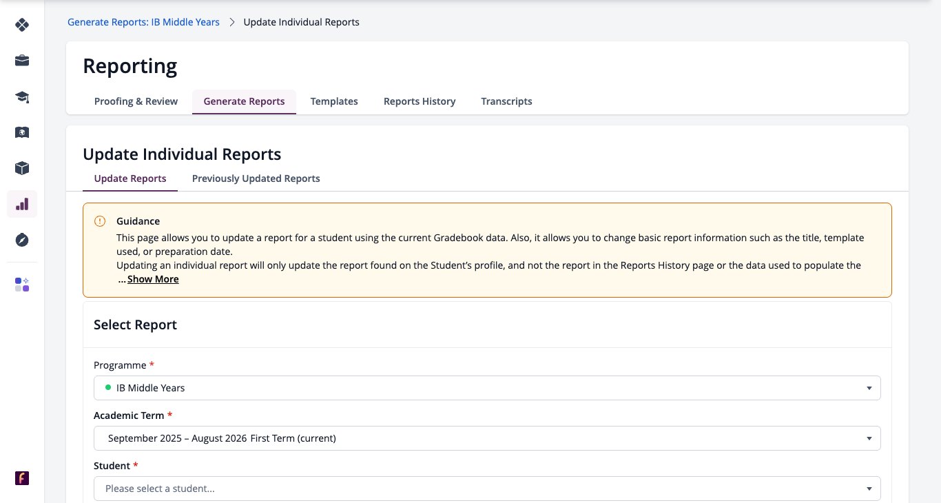 Capture d'écran : Mise à jour des rapports individuels avec le programme, le semestre, l'étudiant et le rapport