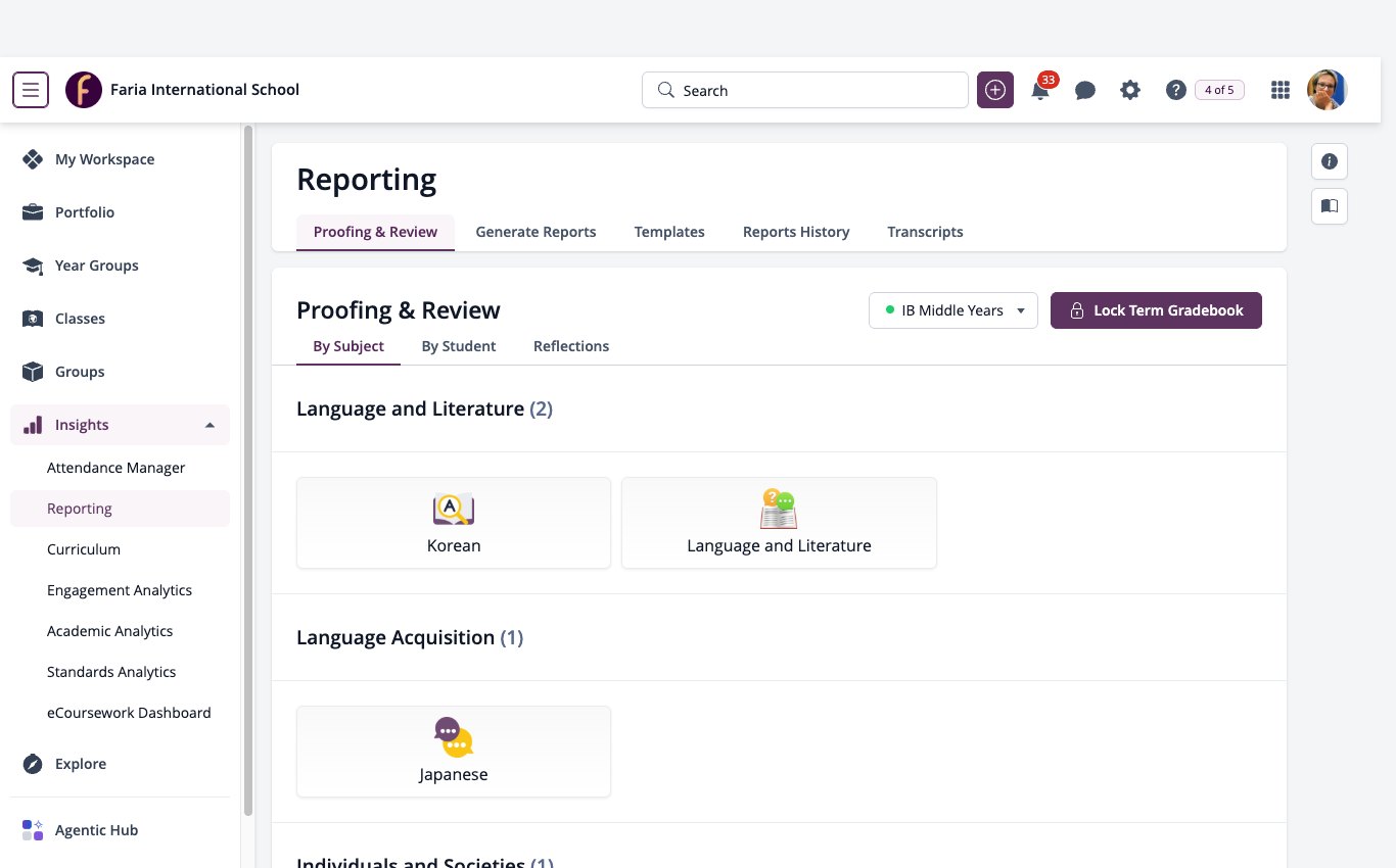 لقطة شاشة: القائمة الرئيسية لـ ManageBac+ مع فتح Insights وتحديد Reporting